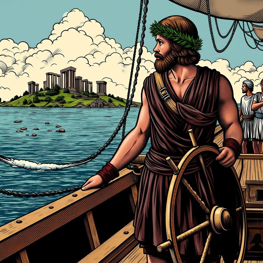 Greek Explorer Navigates to Lost Island in 1950s Comic Style