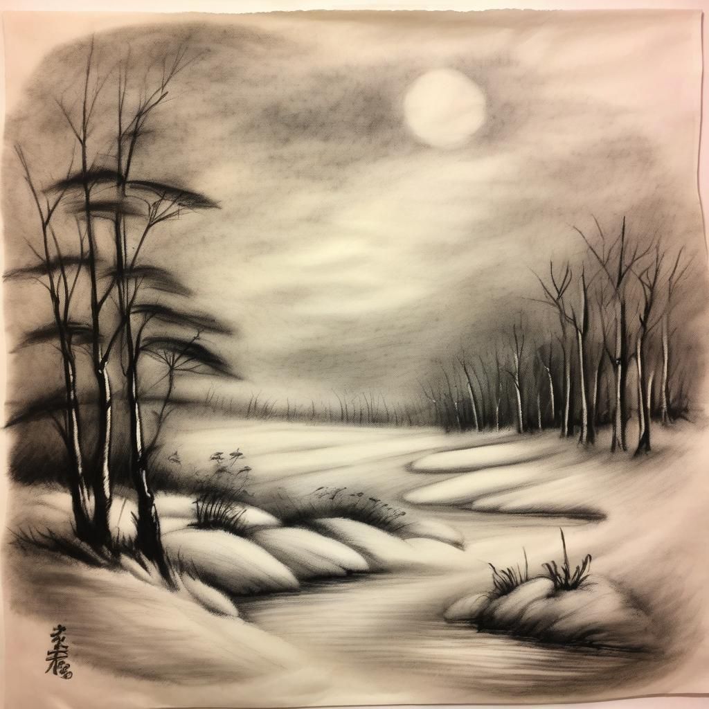 Expressive Charcoal Landscape Drawing on Cotton Paper