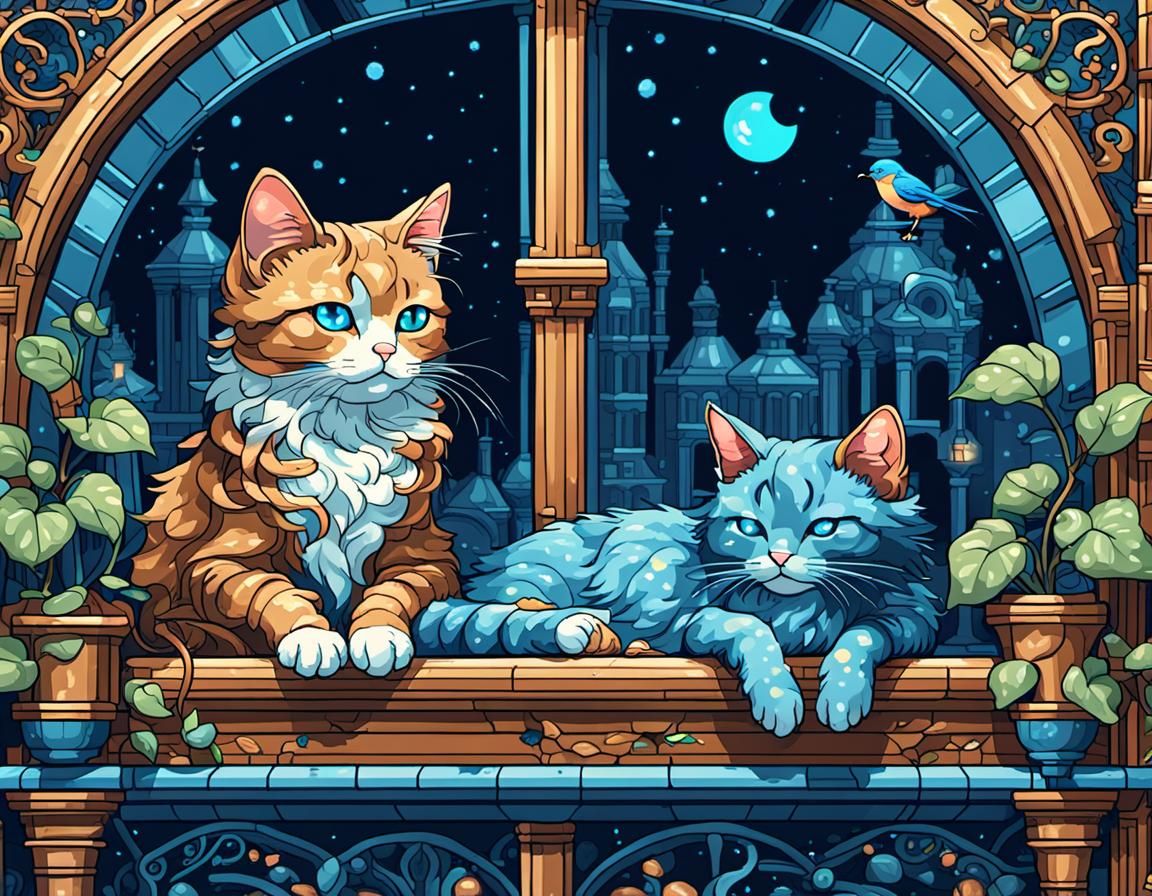 Cute Cat in Pixel Art Steampunk Scene
