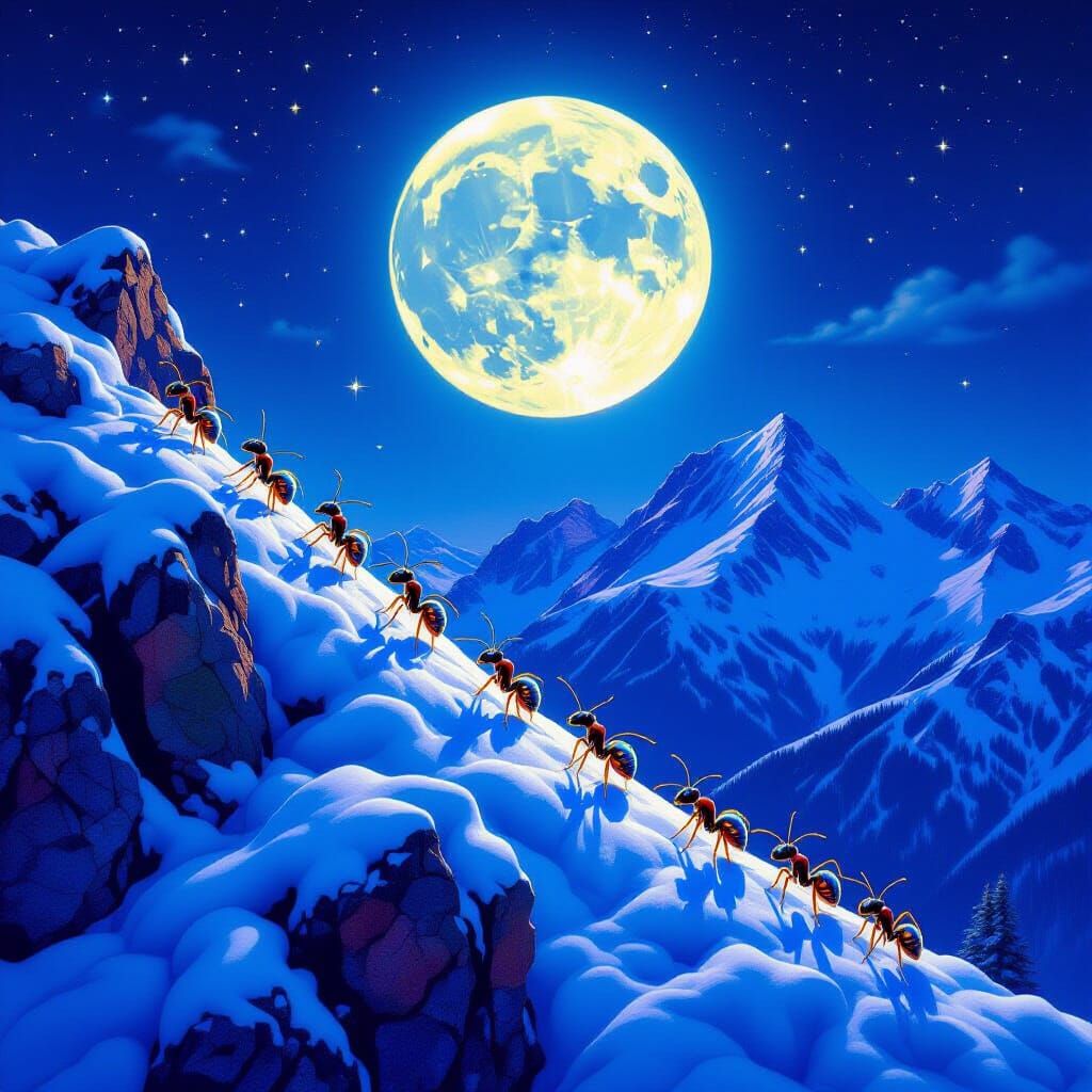 Sparkling Ants Ascend Longs Peak Under Luminous Full Moon