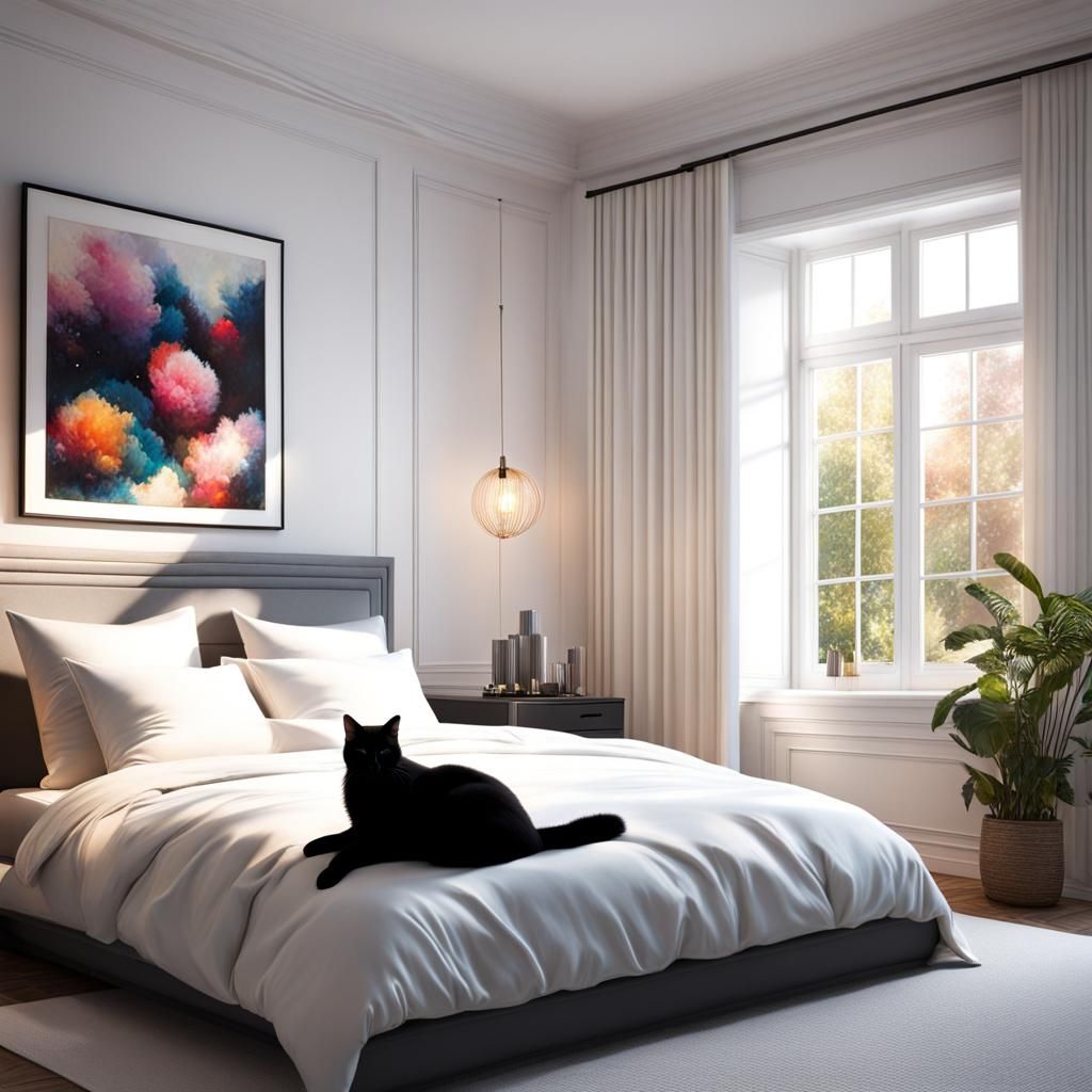 Hyperrealistic White Bedroom with Black Cat