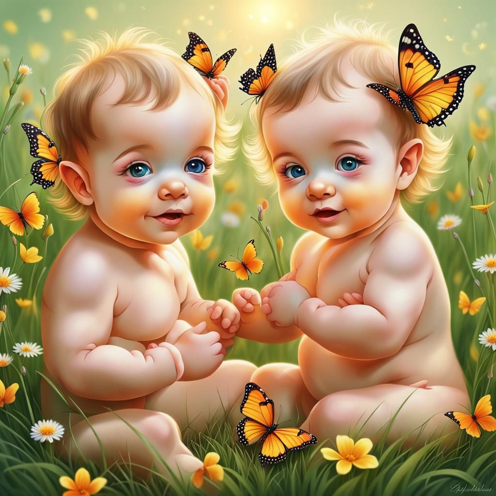 Cute Twins in Grassy Meadow with Butterflies