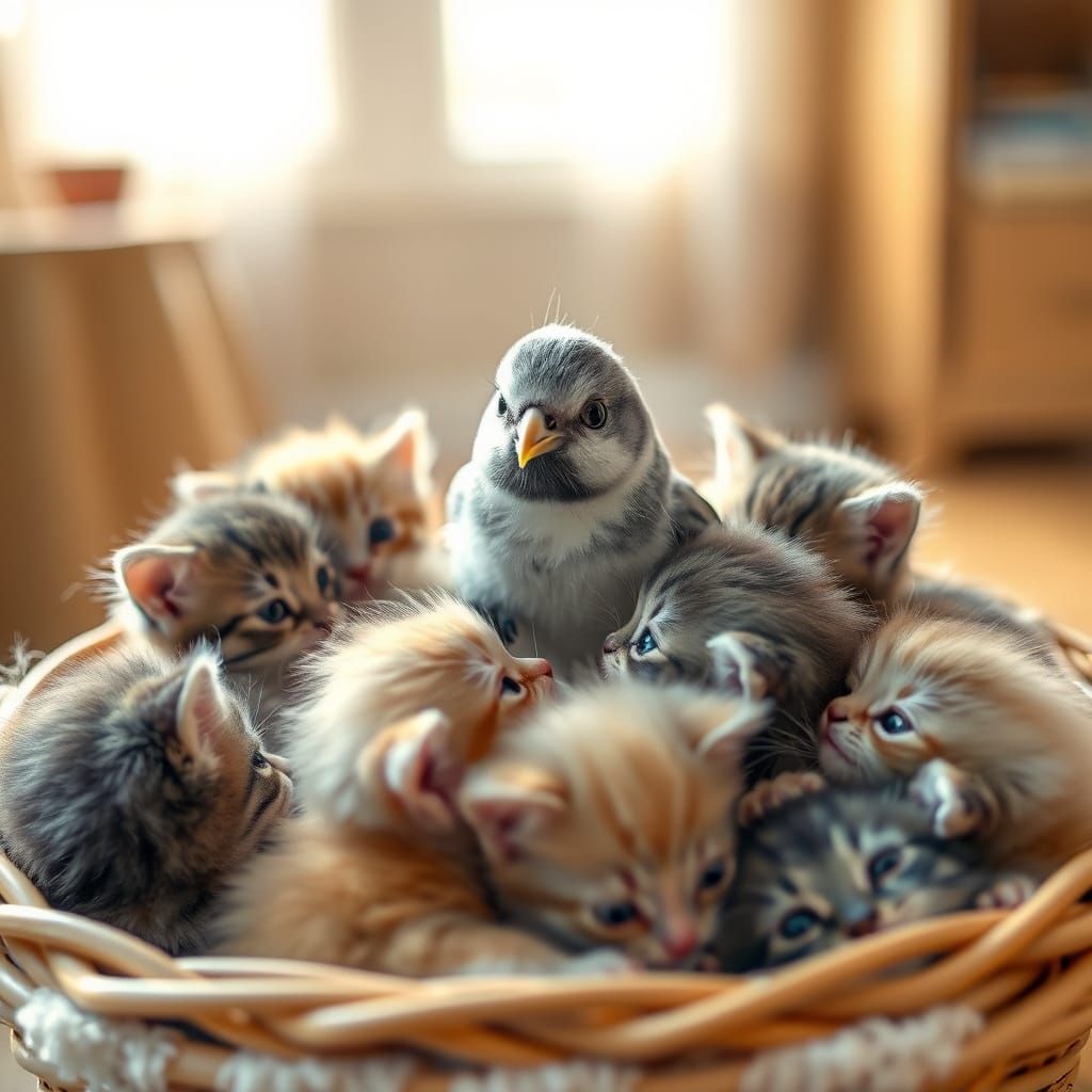 Bird Sits Confidently Among Curious Kittens in Cozy Basket