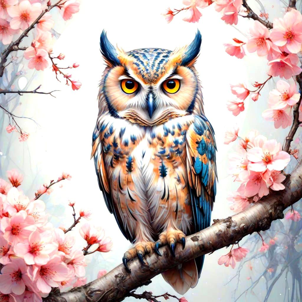 Surreal Cherry Blossom Owl in Vibrant Pastel Hues