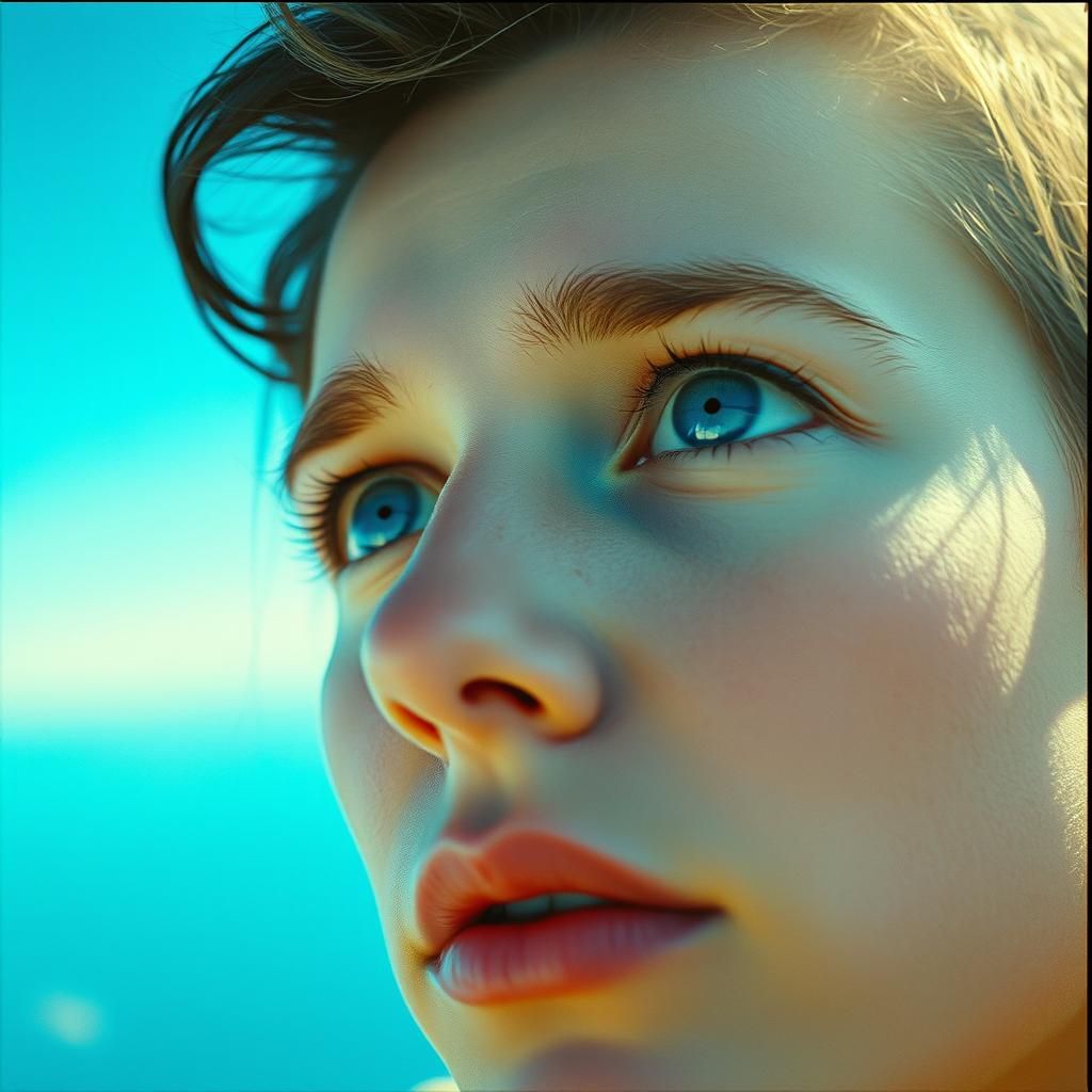 Intense Blue Eyes Gazing Upward: Cinematic Film Still