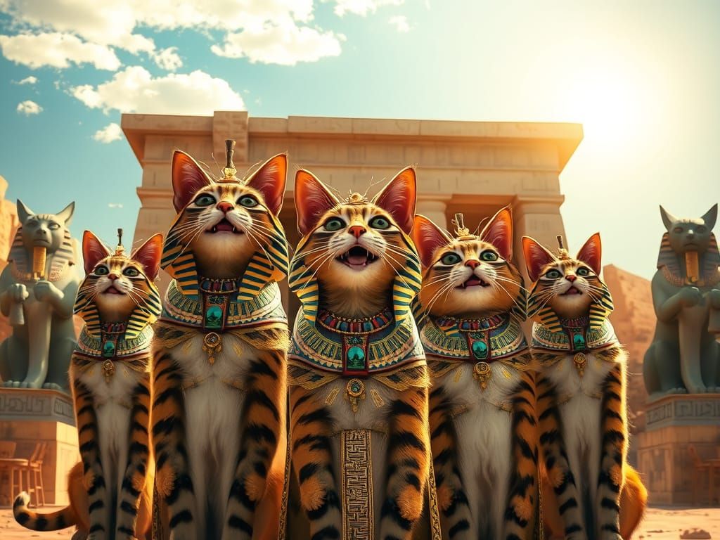 Egyptian Cats Rejoicing Before Ancient Temple