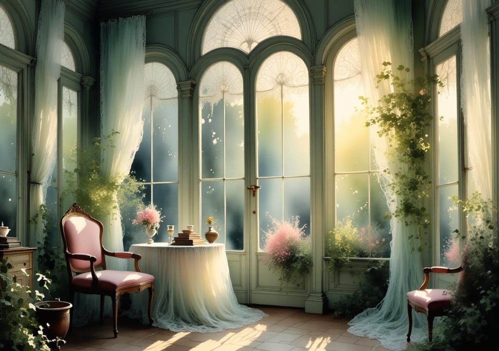 Greenhouse Golden Hour Still Life in Impressionist Style