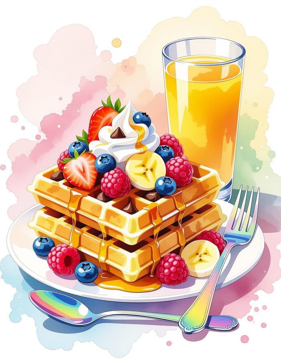 Delicious Waffles with Berries in Watercolor Style