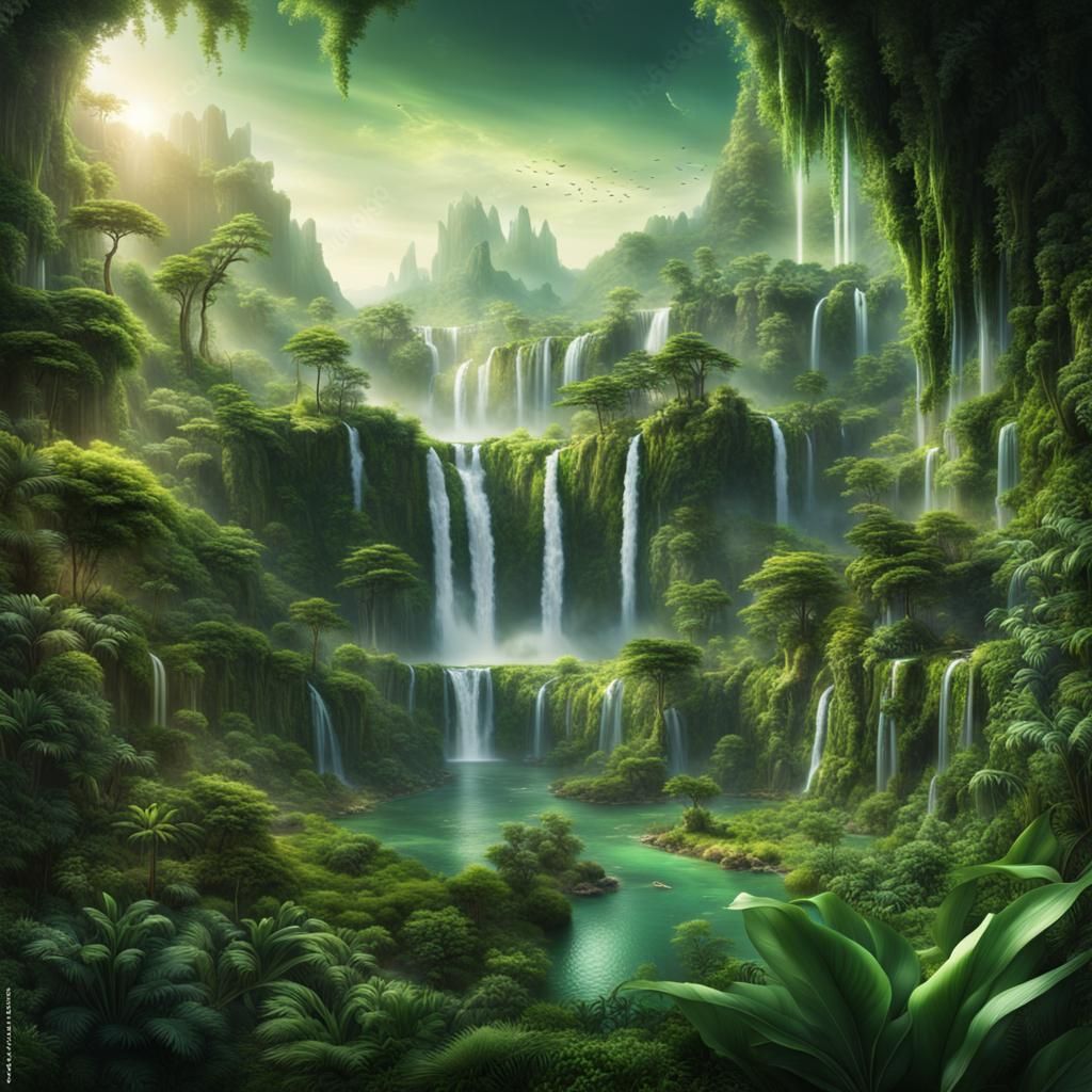 Lush Green Planet with Waterfalls: Digital Matte Painting