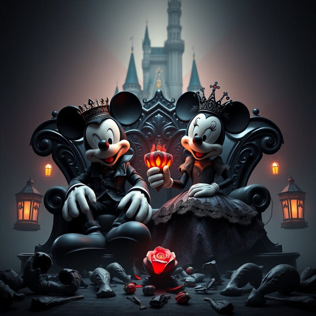 Mickey and Minnie as Dark Royalty in a Twisted Throne Scene