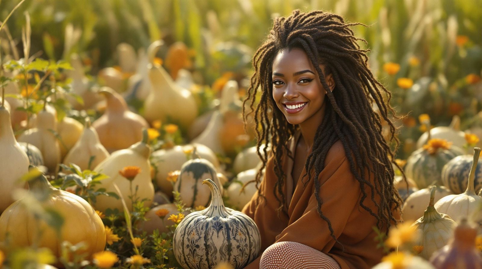 Happy Woman Surrounded by Gourds in 3D