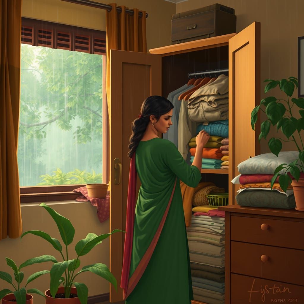 Indian Woman Searches Wardrobe in Cinematic Style