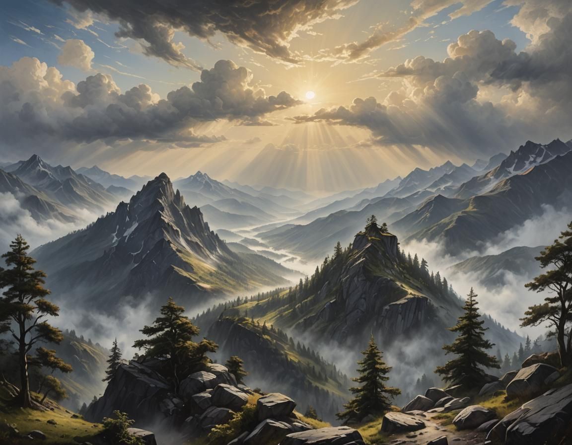 Misty Mountain Landscape: Hyperdetailed Oil Painting