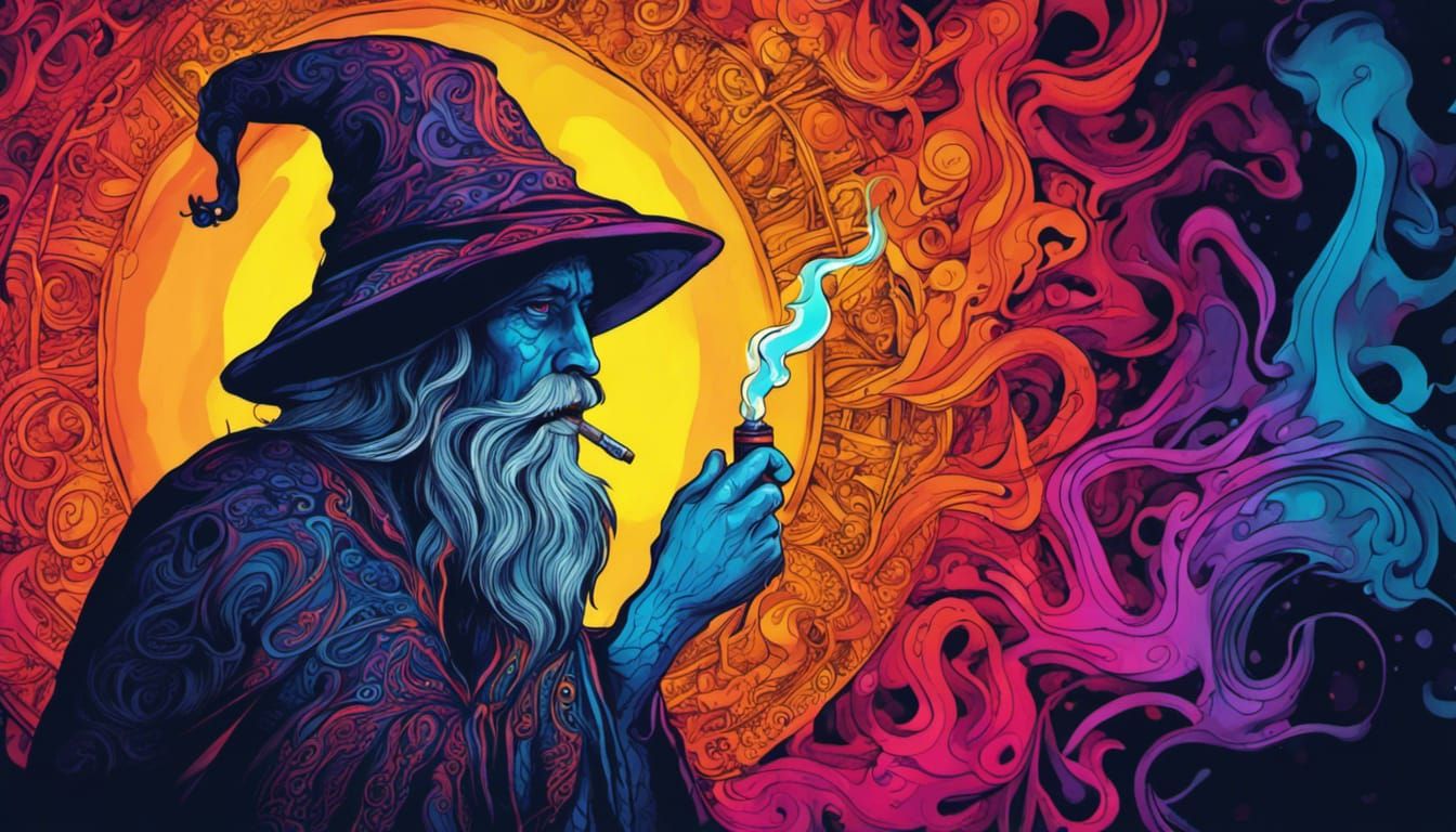 Psychedelic Wizard Smoking Pipe in Gothic Fantasy Style