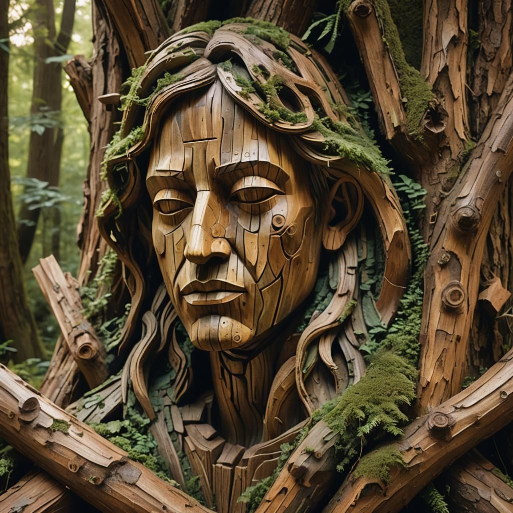 Giant Wooden Statue in Forest, Surrealist Macro Photography