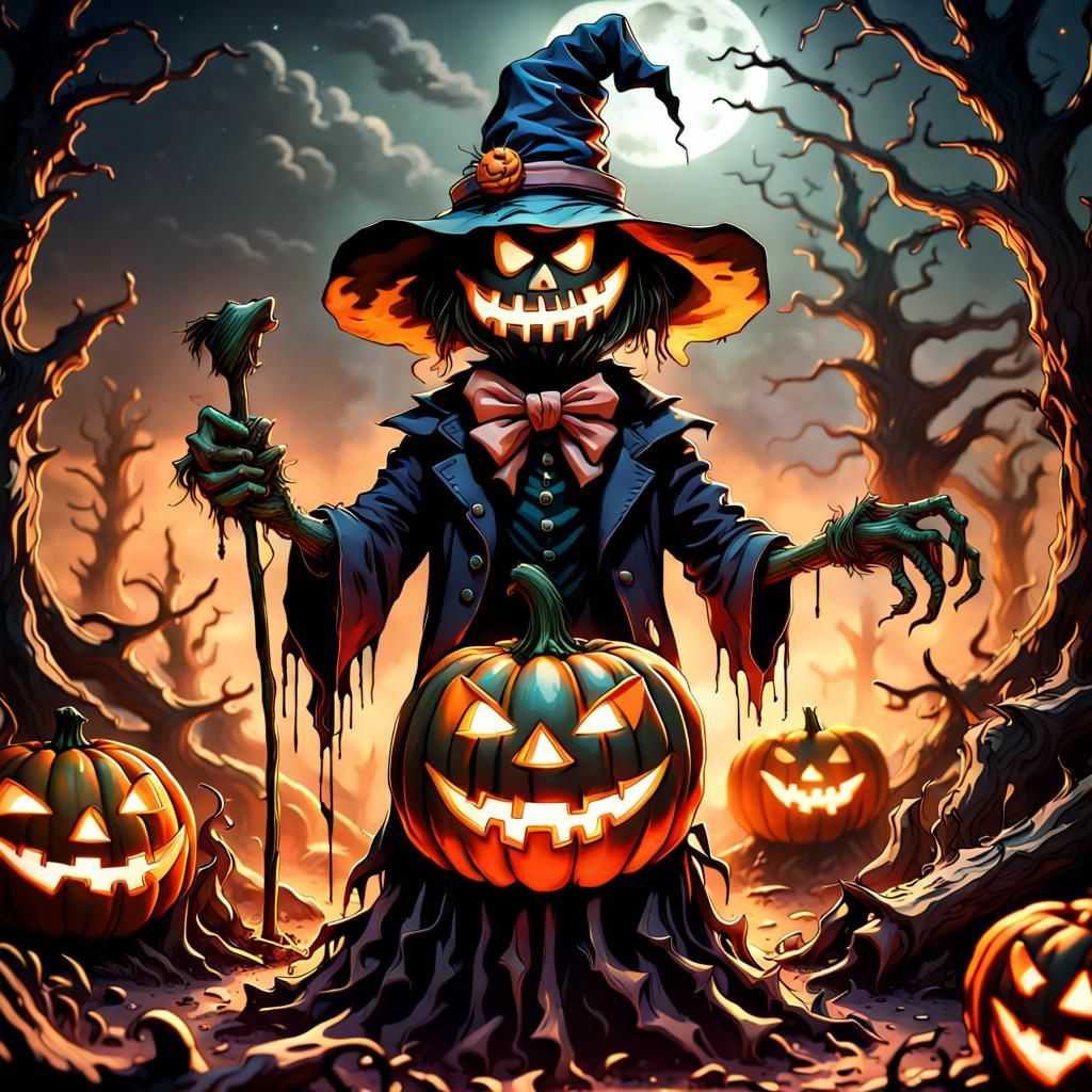 Sinister Scarecrow with Jack-o'-Lantern Head