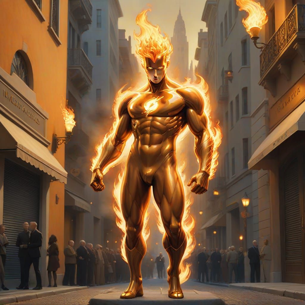 Human Torch in Surrealist Cityscape