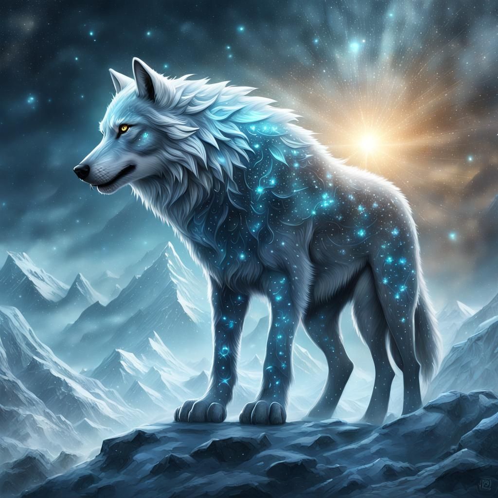 Epic Ice Wolf with Nordic Runes in Digital Art