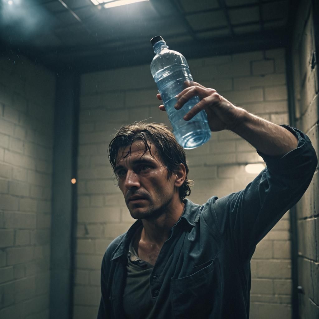 Prisoner in Dim Cell Holding Water Bottle