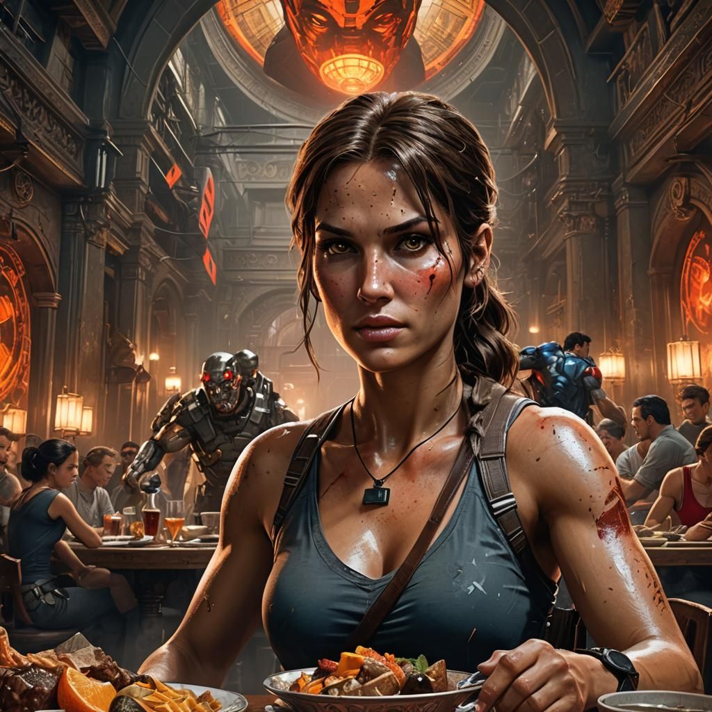 Lara Croft at the dinner of exceptional badasses. Has her ow...