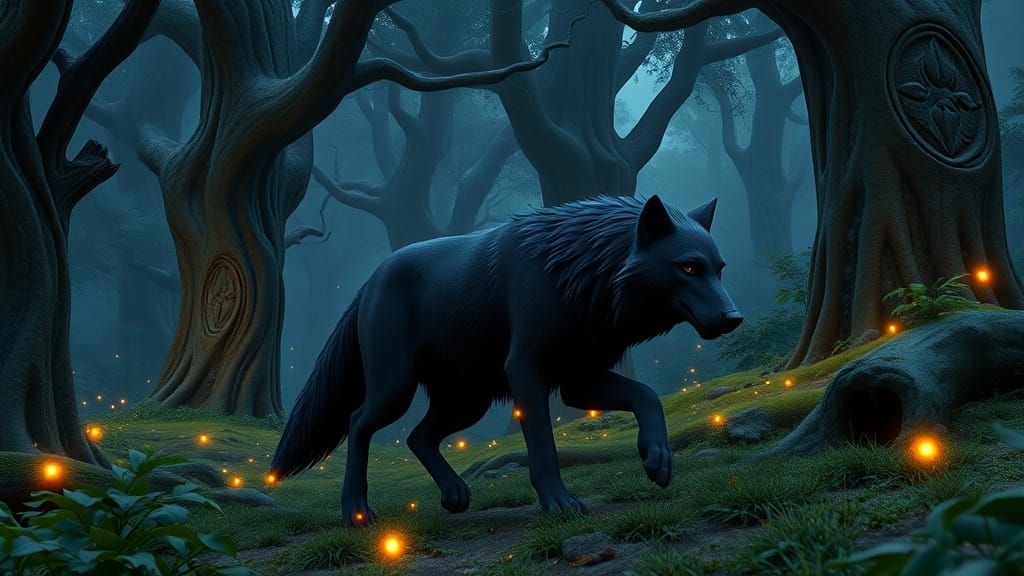Black Wolf in Mystical Celtic Forest, 3D Animated