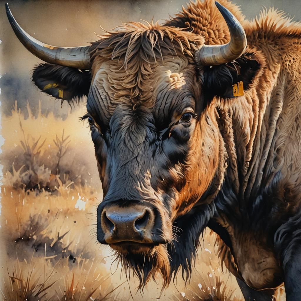 Wild Steer in Montana Sunset: Hyperrealistic Watercolor Art
