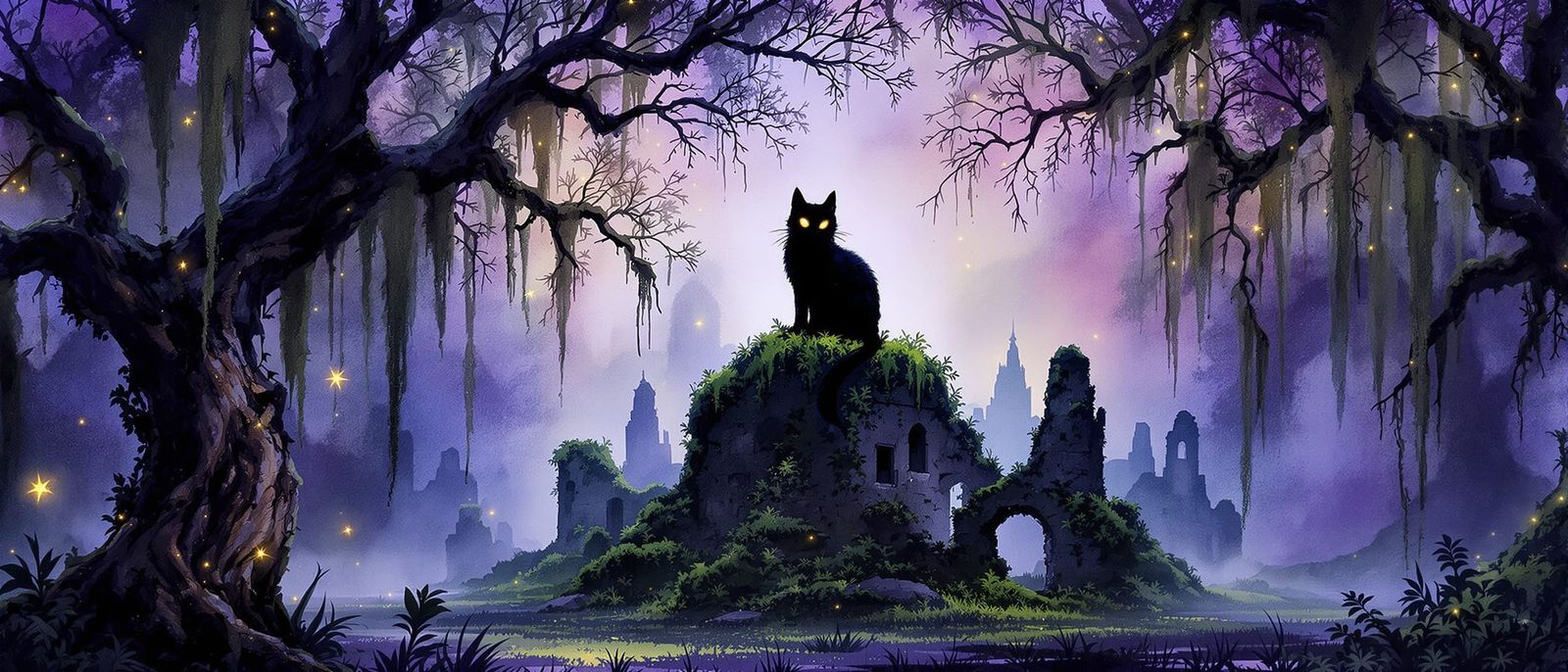 Mysterious Cat in Twilight Swamp: Alcohol Ink Art