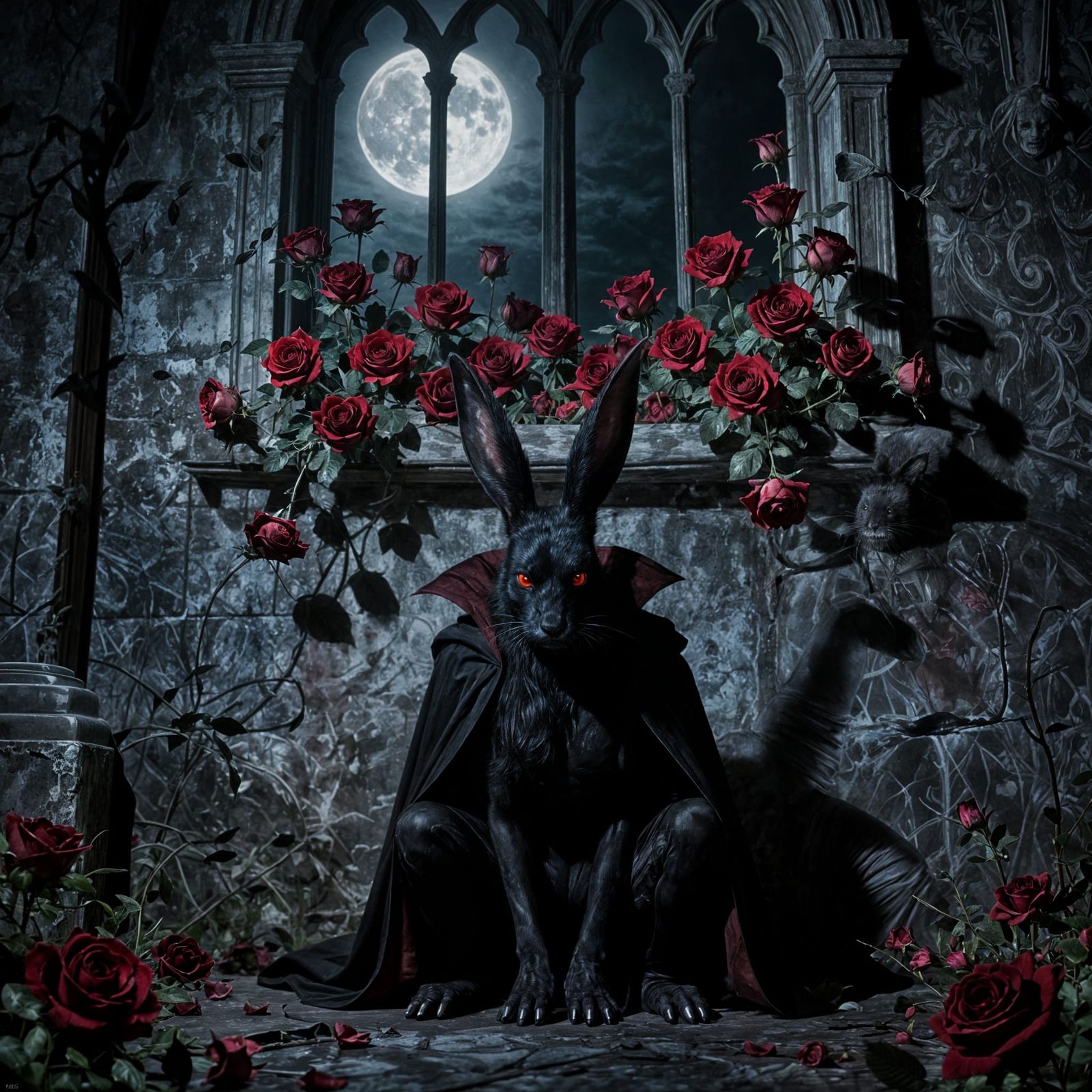 Vampire Rabbit with Glowing Eyes in Nightmare Atmosphere