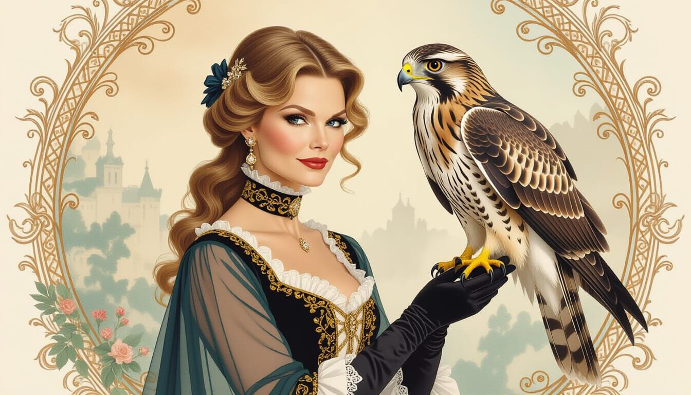 Michelle Pfeiffer and Hawk in Whimsical Watercolor Style