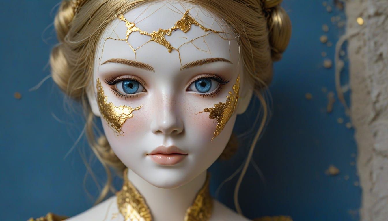Kintsugi Porcelain Doll Repaired with Gold