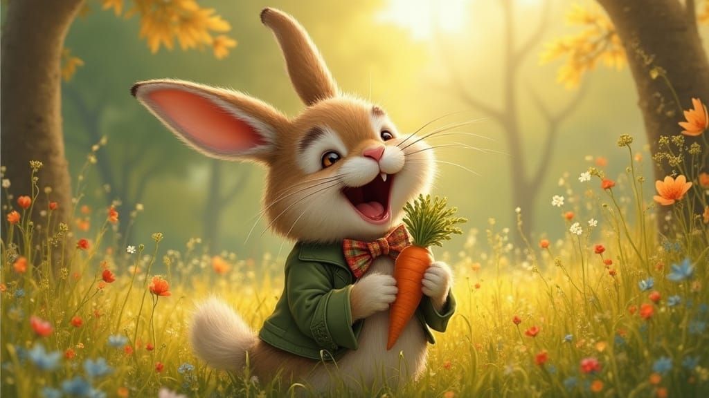 Laughing Bunny in Meadow as Oil Painting