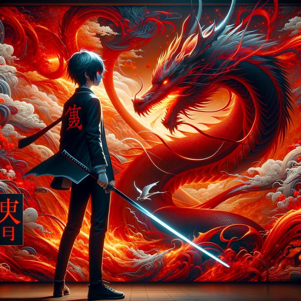 Anime Warrior with Fiery Dragon and Japanese Calligraphy