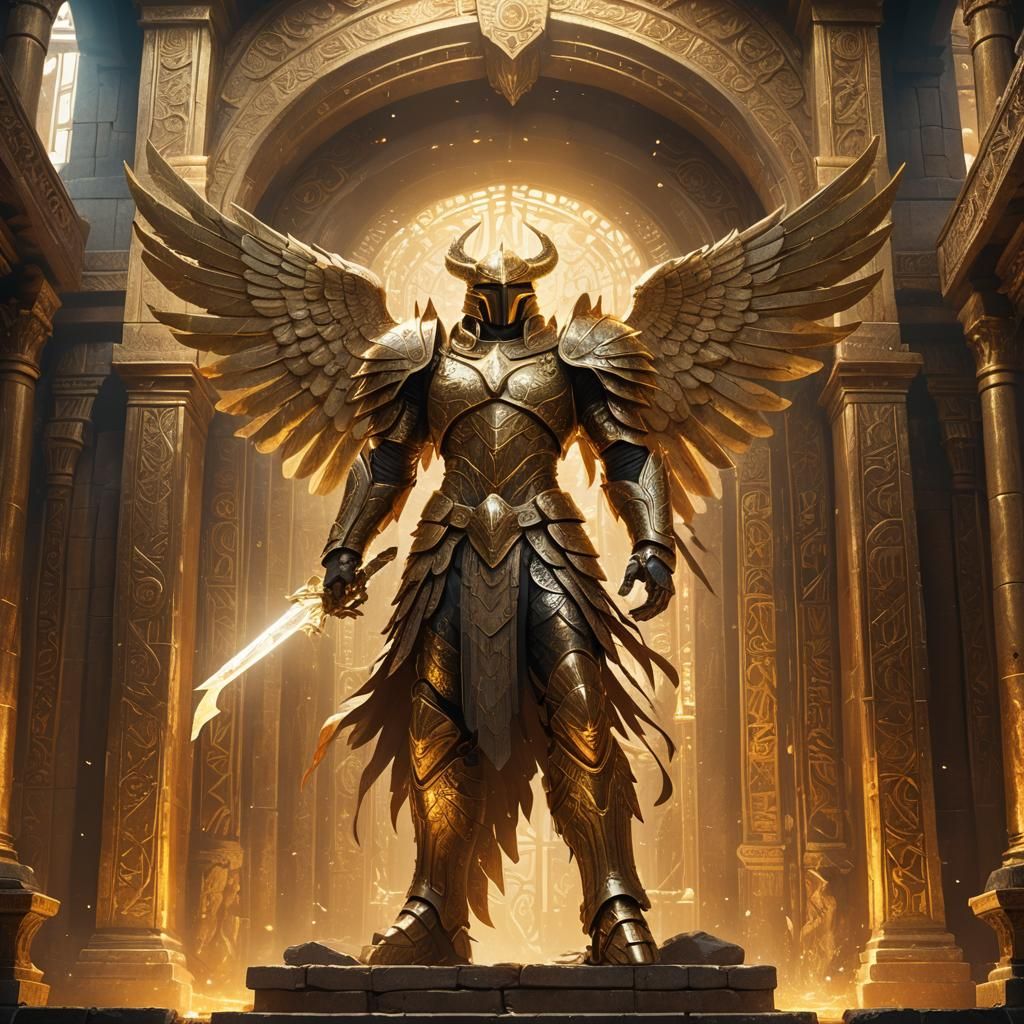Winged Creature Victorious in Mystical Temple: Fantasy Art