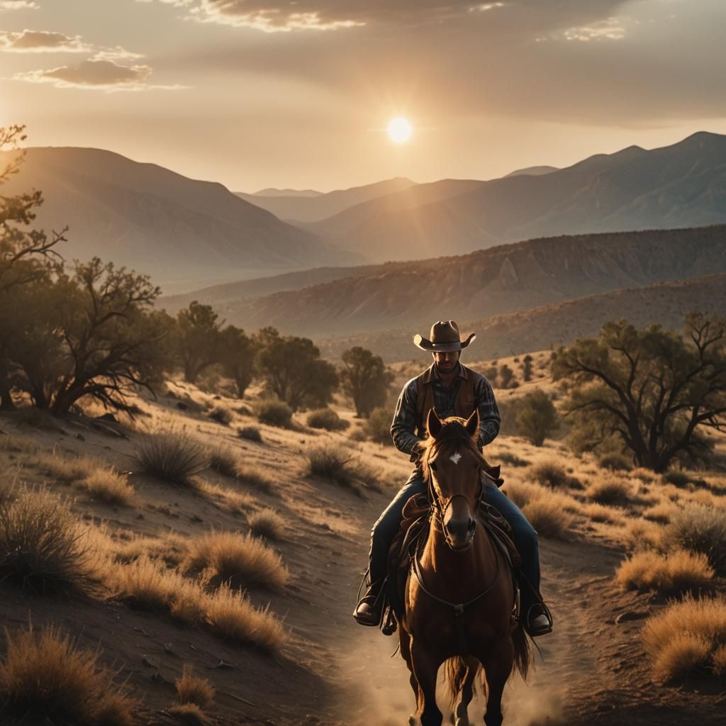 Cowboy Rides Into Sunset: Western Film Still