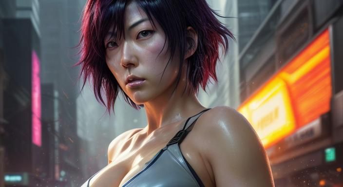 Hyperrealistic Motoko Kusanagi Splash Art Portrait