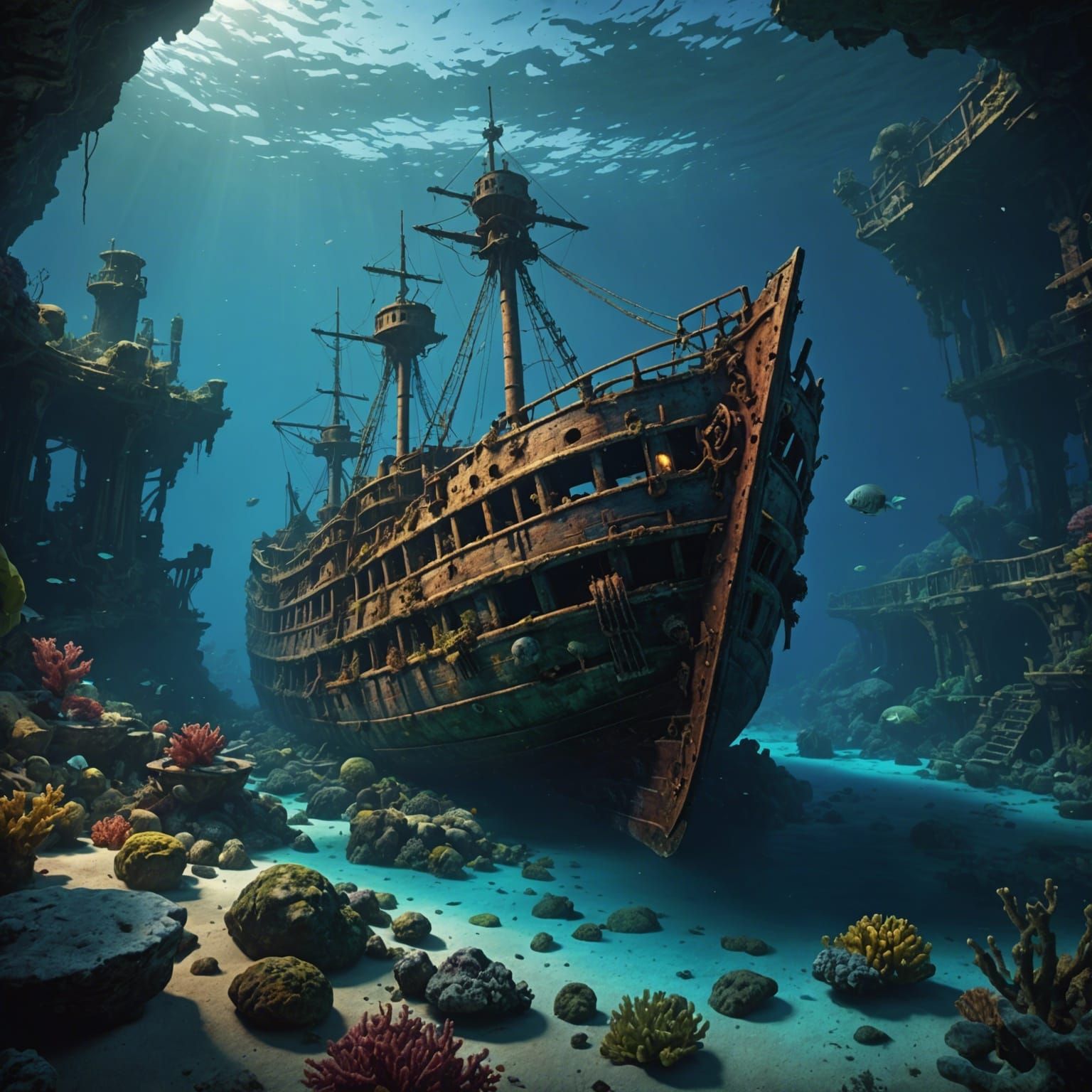Shipwreck on Ocean Floor: Detailed Matte Painting