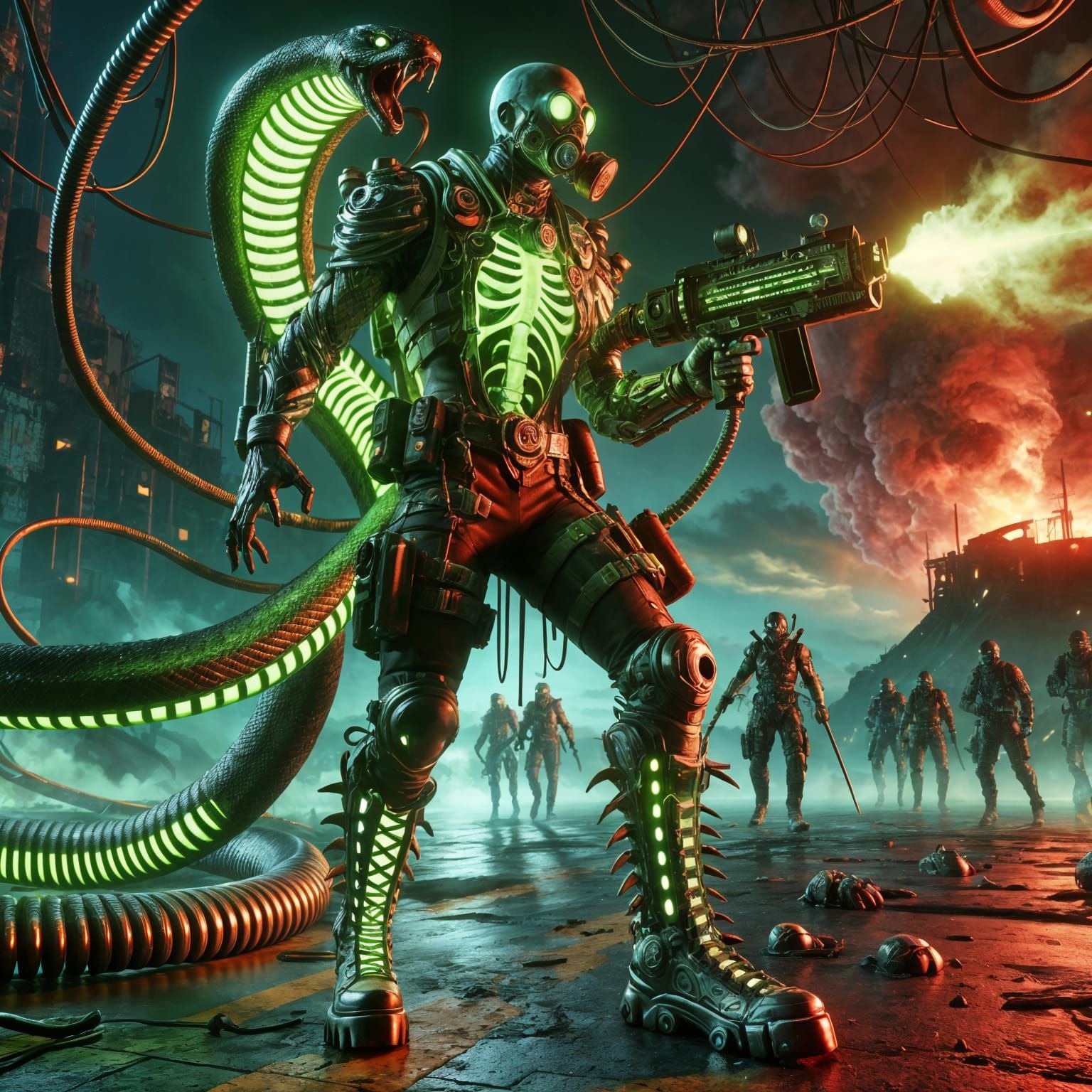 Menacing Villain with Robotic Snake in Cyber-Gothic Setting