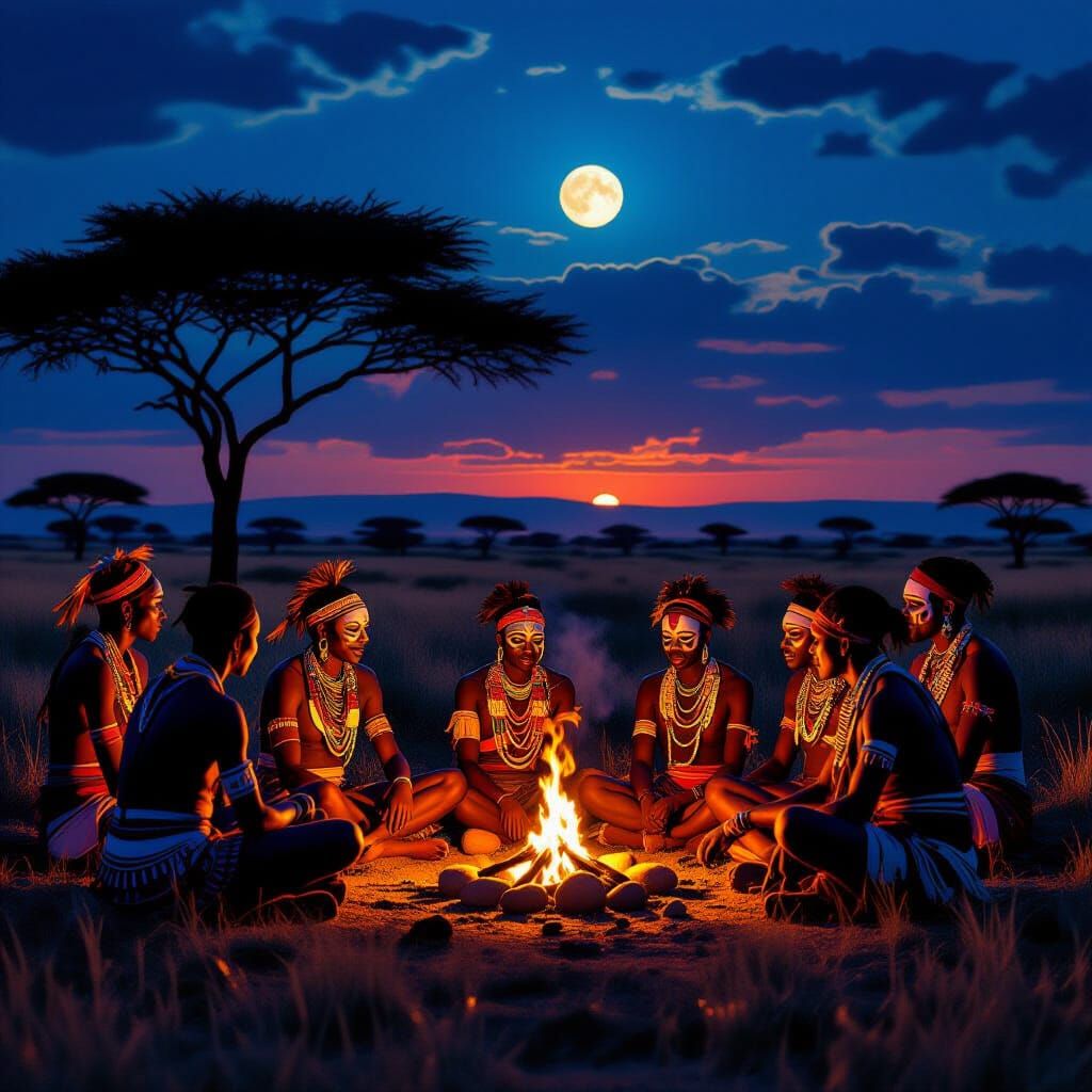 African Tribe Celebrates Myths at Dusk in Realistic Painterl...