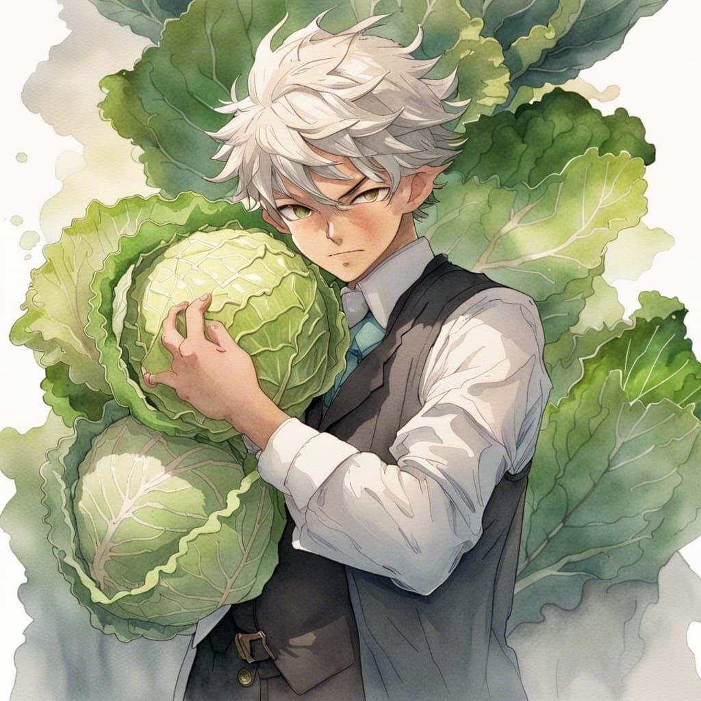 Detailed Cabbage Salesman Portrait in Watercolor Style