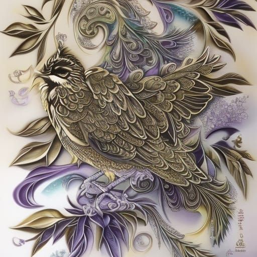 Ornate Purple Bird Digital Painting in Watercolor Style