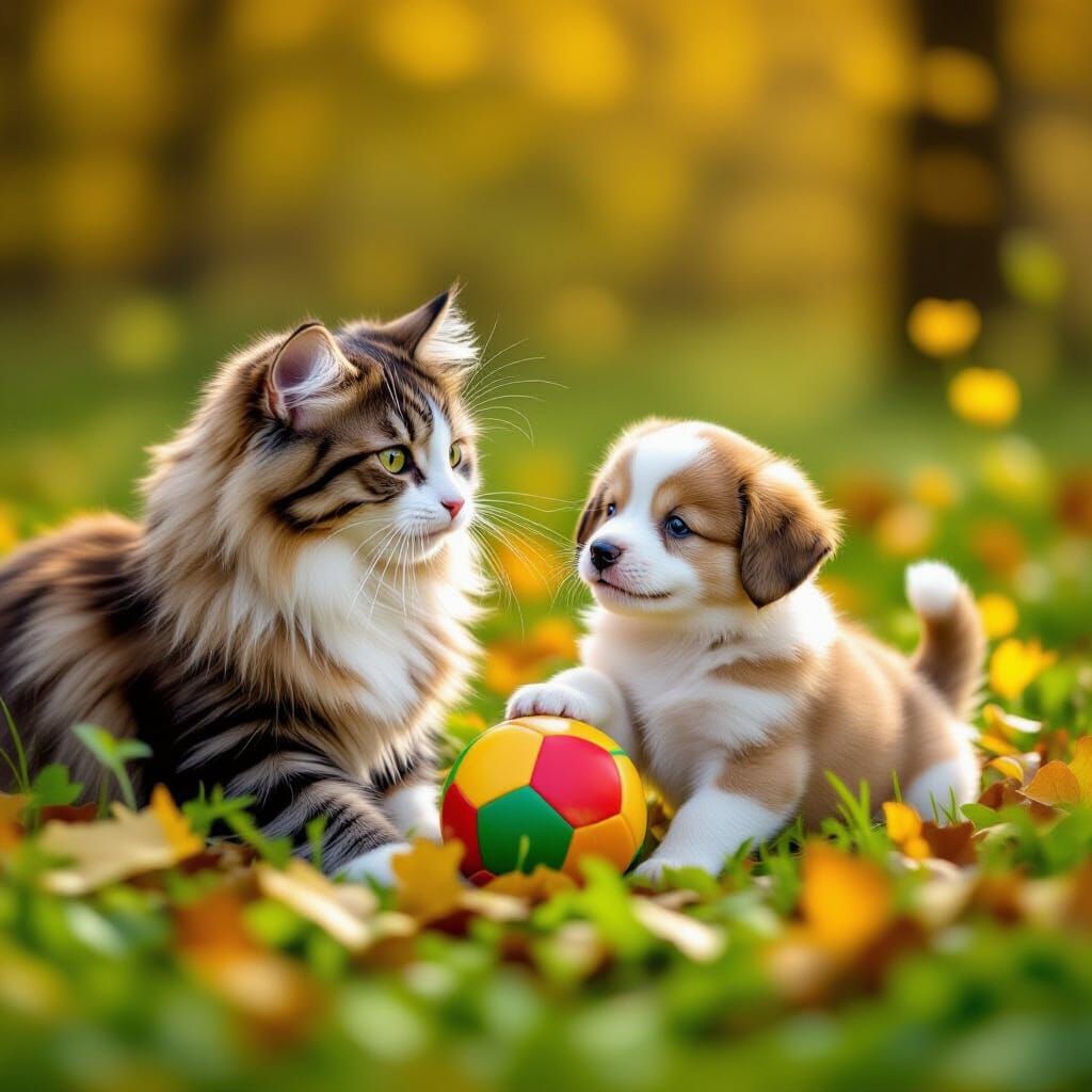 Cute Cat Mama and Puppy Play in Autumn Forest