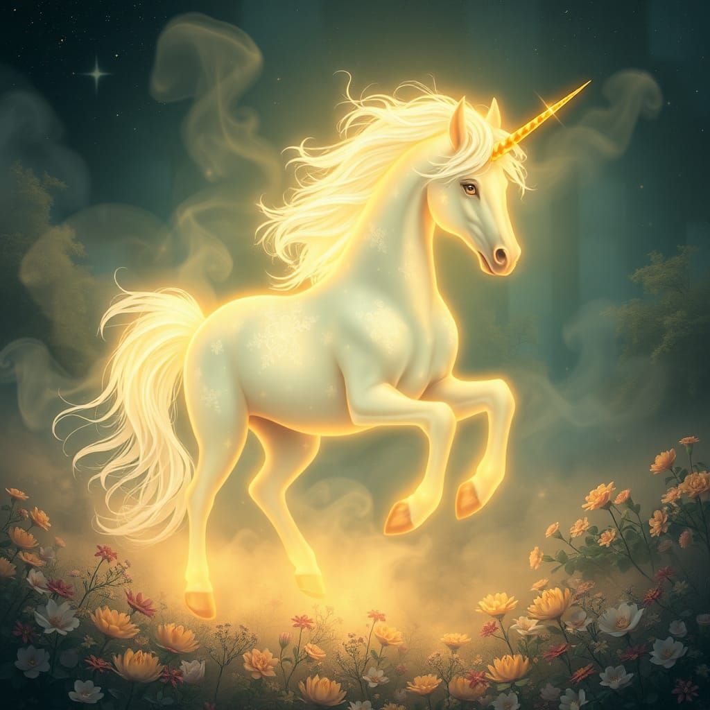 Bioluminescent Unicorn Apparition in Fantasy Forest