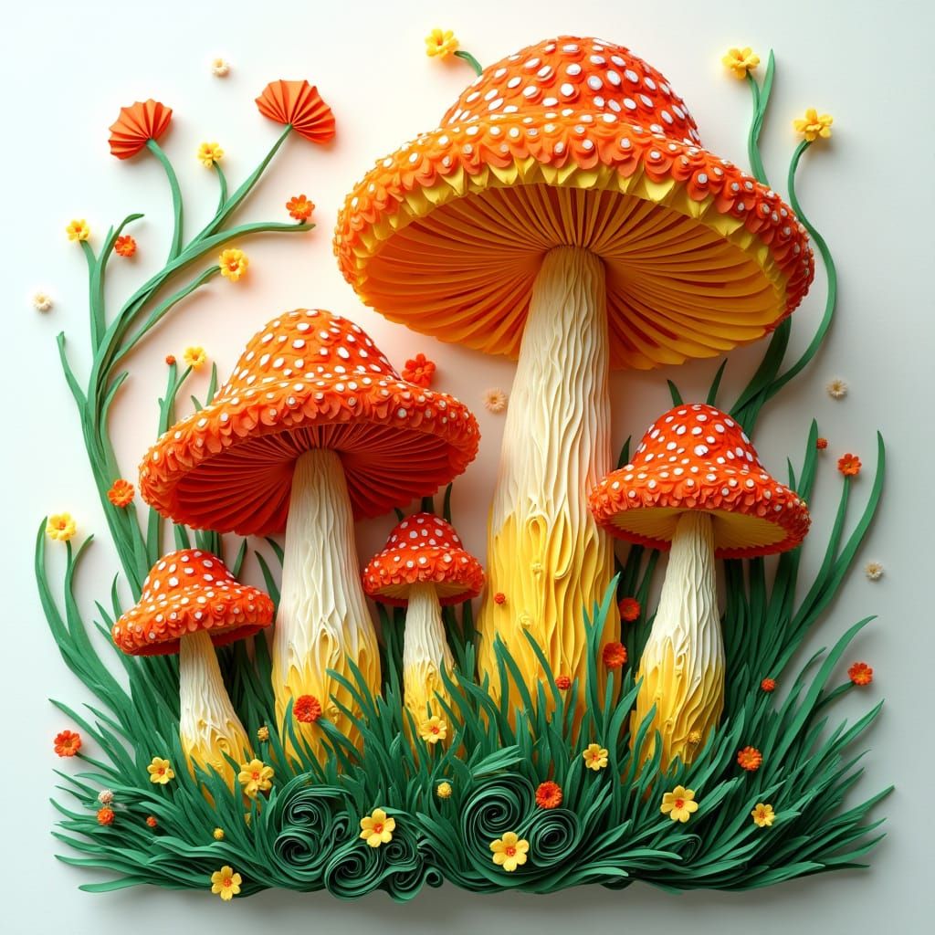 Whimsical Quilled Mushroom Garden in Vibrant, Intricately De...