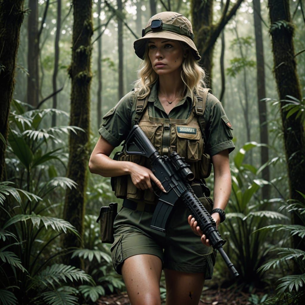 Blonde Soldier on Patrol in Dark Forest