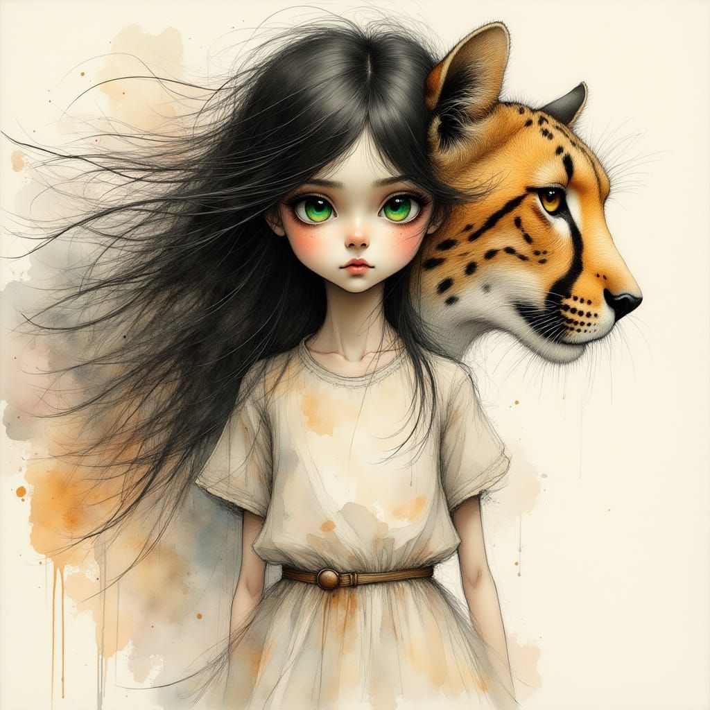Girl with Cheetah Silhouette in Dreamy, Muted Style
