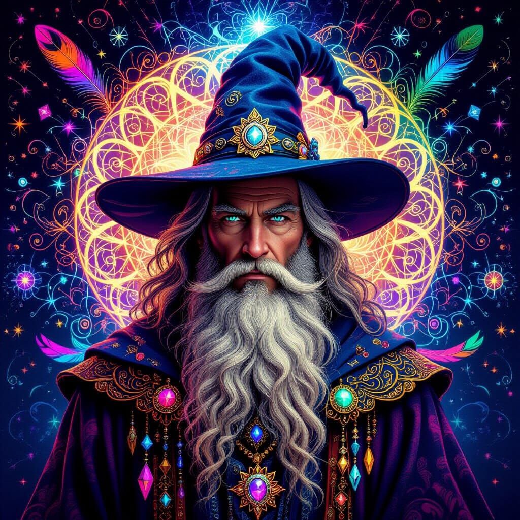 Psychedelic Wizard Portrait in Fantasy-Surreal Style