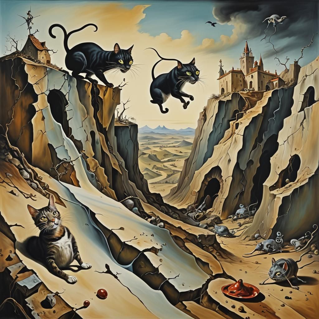 Surreal Crooked Cat and Rat Tumble Downhill