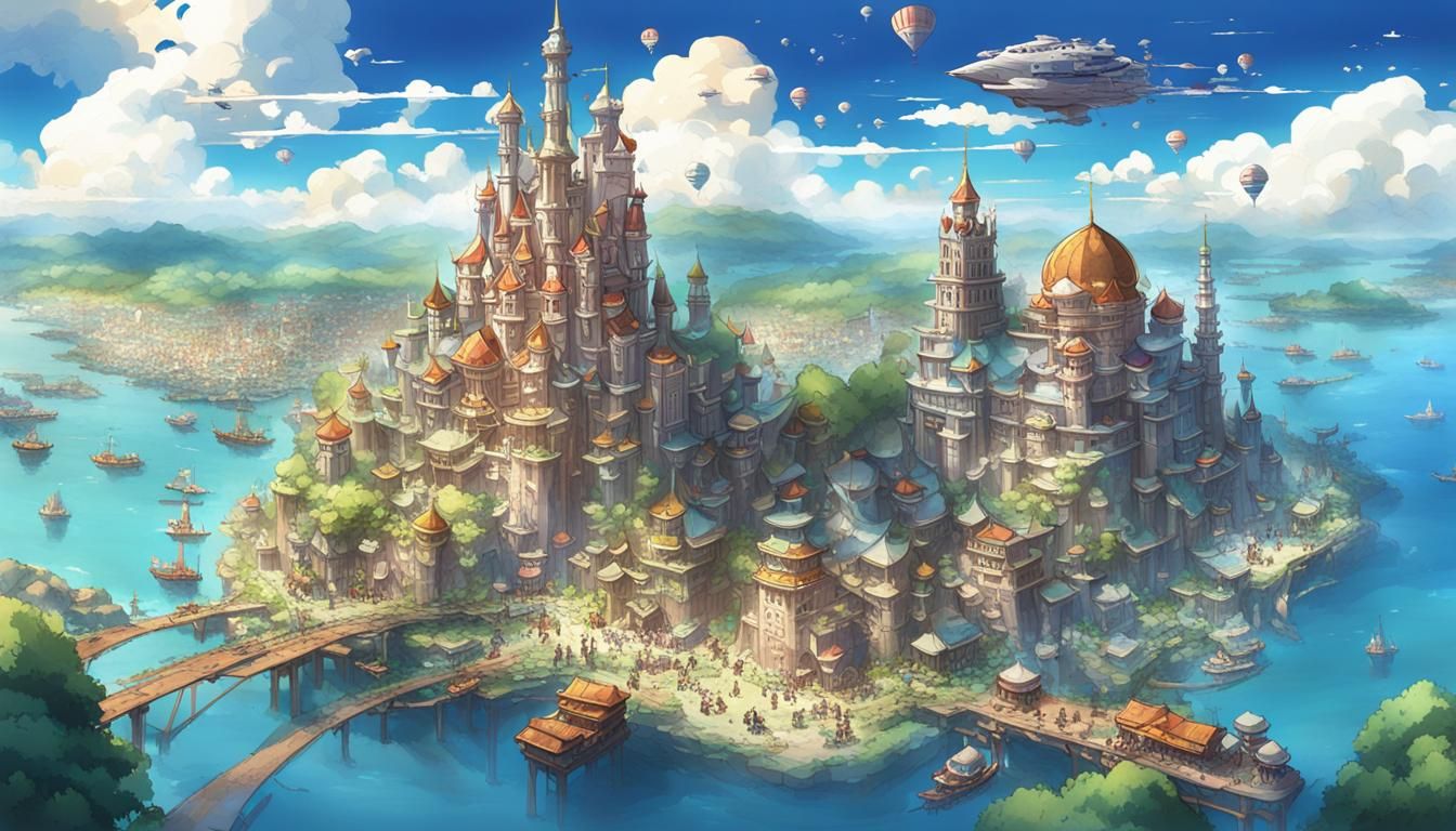 Island Metropolis with Central Tower in Anime Style
