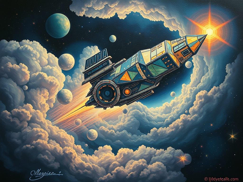 Crystalline Spaceship Soaring Through Iridescent Nebula
