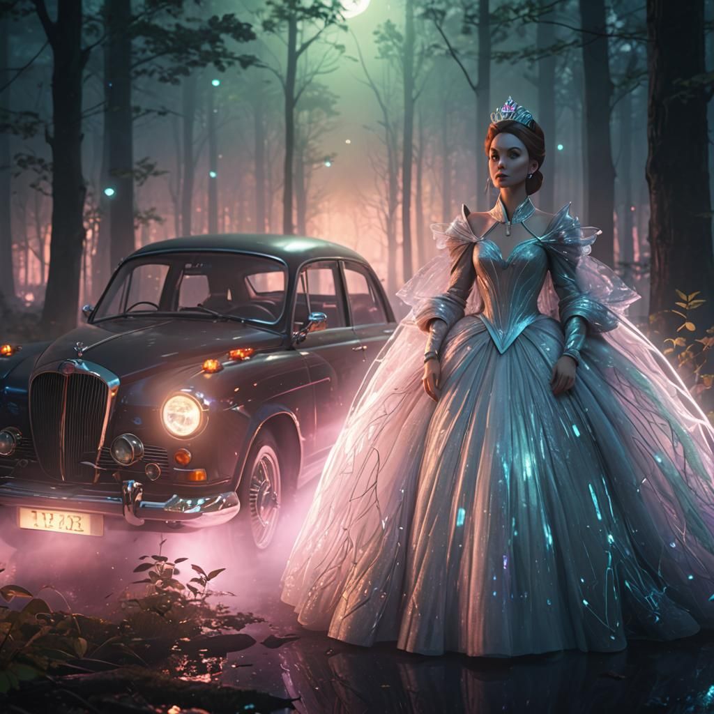 Princess and Futuristic Car in Neon-Lit Forest